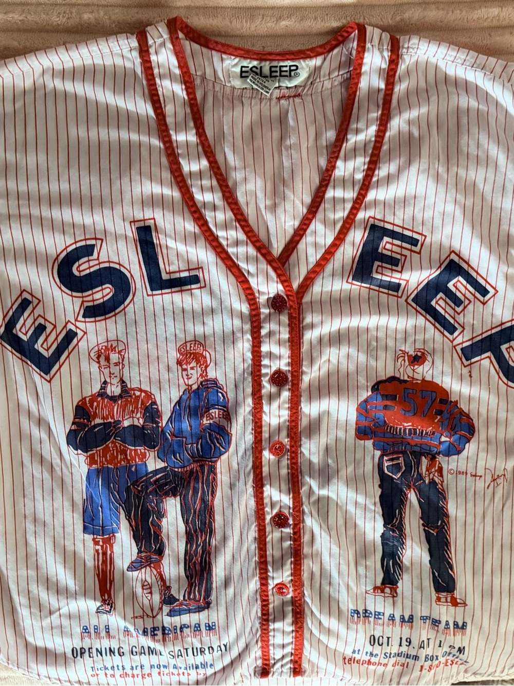 ESLEEP Red-Trim Graphic Button Baseball Shirt Vintage Pajama top 1989